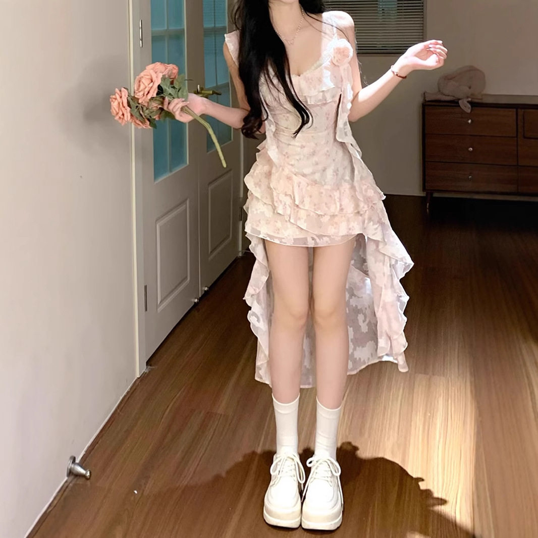 吊带涤纶显瘦碎花减龄飘带收腰