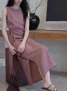亚麻圆领无袖连衣裙女2025夏季新款系带收腰显瘦通勤百搭中长裙子
