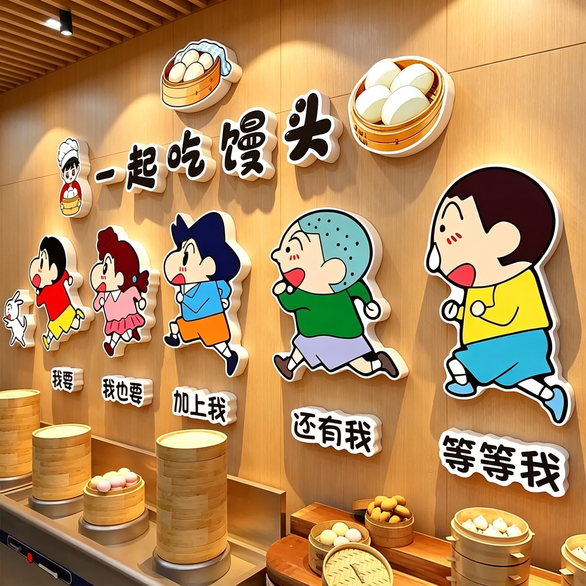 网红馒头店墙面装饰包子广告贴纸海报手工蒸馍画布置蜡笔小新文化