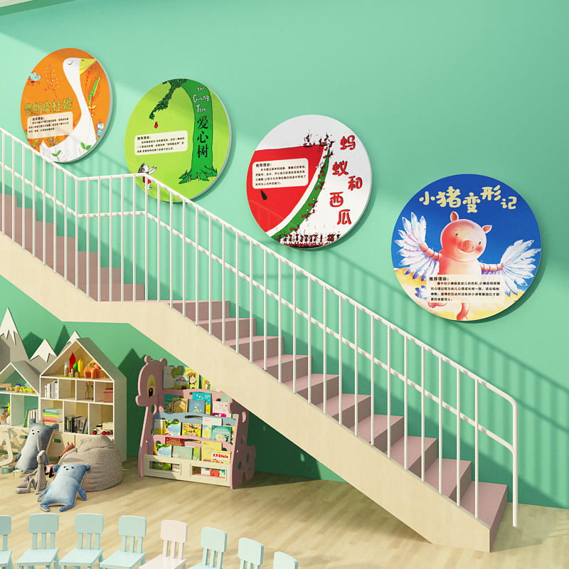 幼儿园楼梯墙面装饰阅读区布置绘本馆环创图书阅览室读书角文化墙