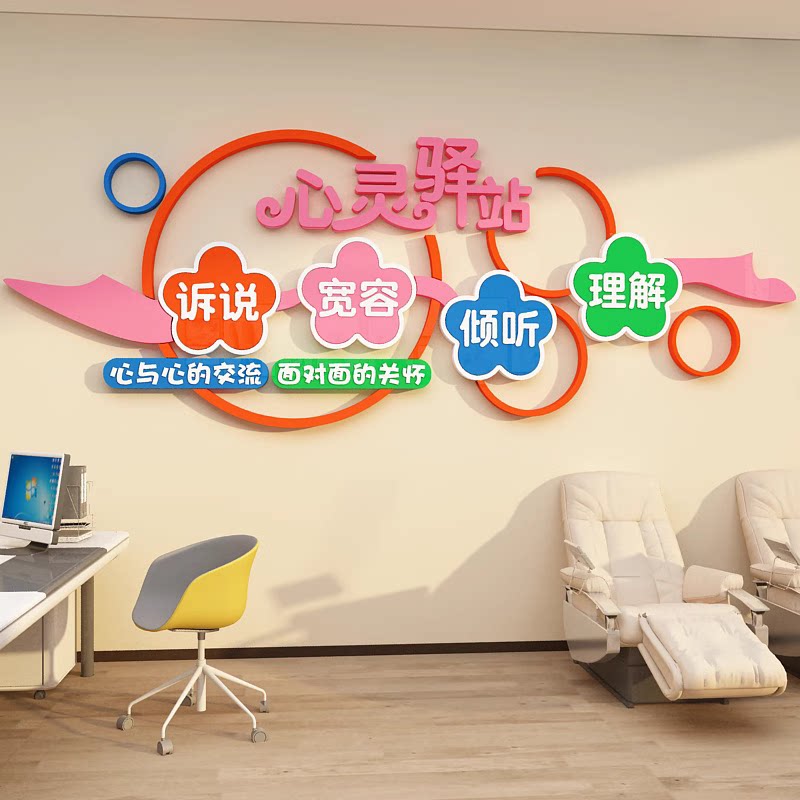 心理咨询室布置心灵驿站健康辅导室装饰角背景挂图画文化墙面贴纸
