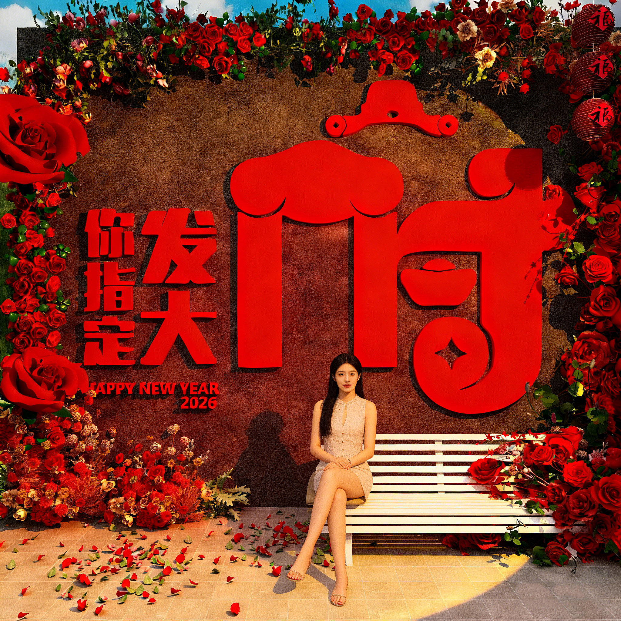 指定发财2026过新年装饰品氛围布置春节小院墙面造景打卡马快乐贴