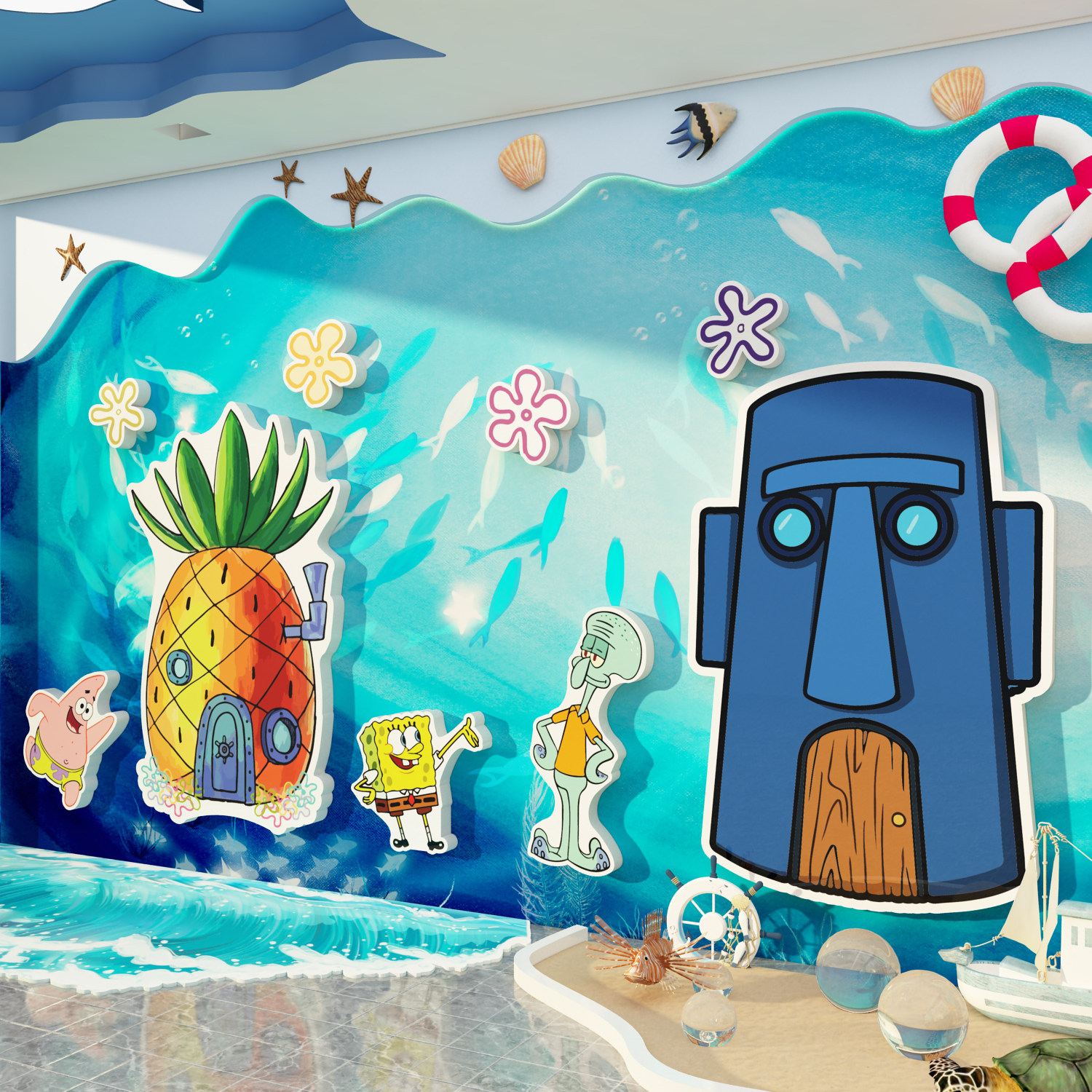海绵宝宝幼儿园海洋主题文化墙贴环创成品材料墙面装饰画走廊布置