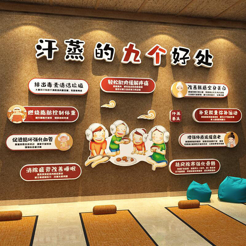 网红汗蒸馆墙面装饰挂画中医养生店洗浴氛围布置文化形象背景贴纸