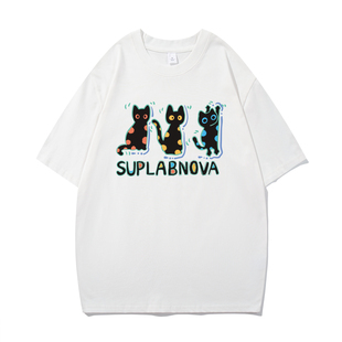 SUPLABNOVA国潮趣味猫咪印花短袖 T恤男女宽松圆领纯棉百搭上衣tee