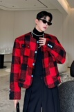 王嘉尔同款红色格子设计感外套男短款小香风夹克无领高级感潮P145，男装夹克，星座1111（原C206）
