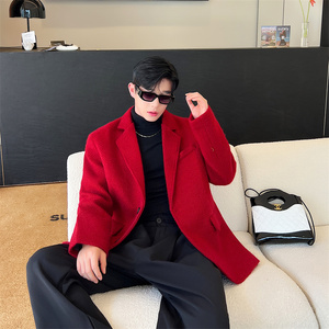 韩版喜庆红毛呢西装男P155图片