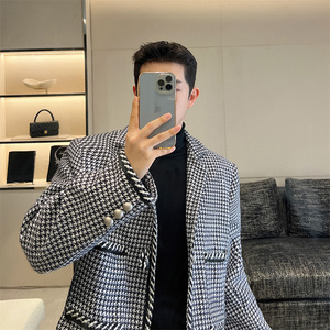 秋冬新款千鸟格高级感织带夹克男潮P155图片