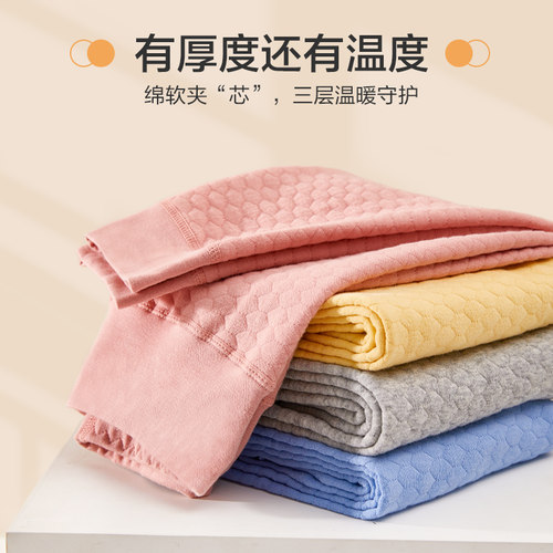 红豆儿童高腰护肚保暖裤秋冬男女宝宝纯棉三层夹棉秋裤加厚棉毛裤