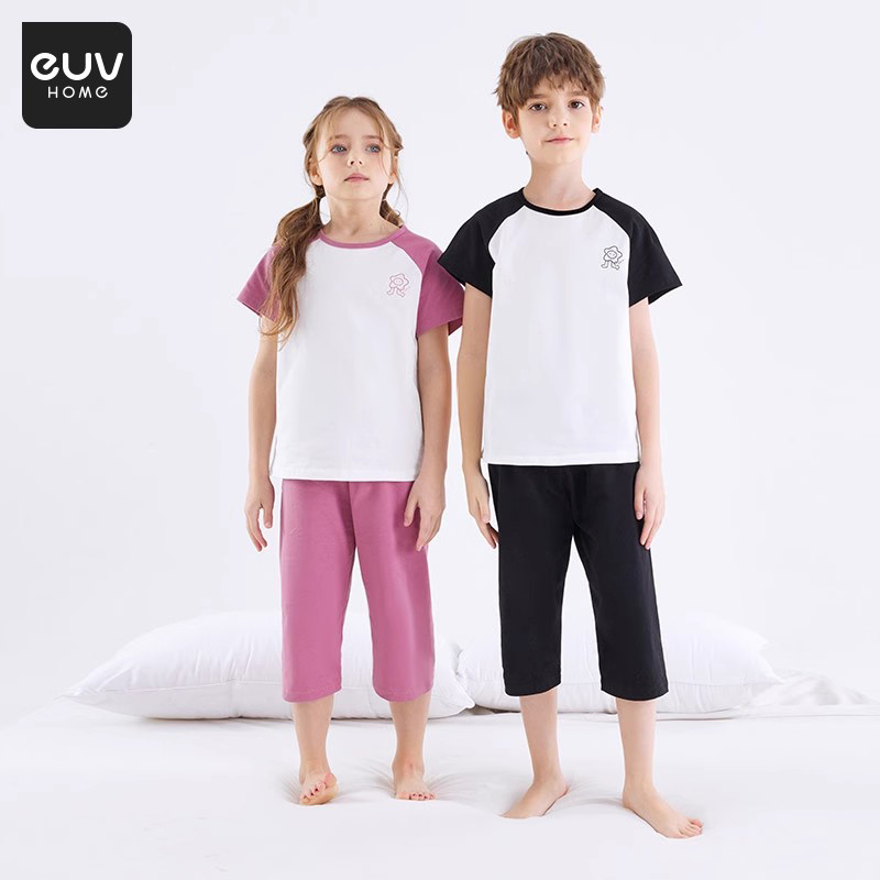 euv 儿童睡衣男女童2024新款夏季全棉家居服中大童纯棉短袖套装