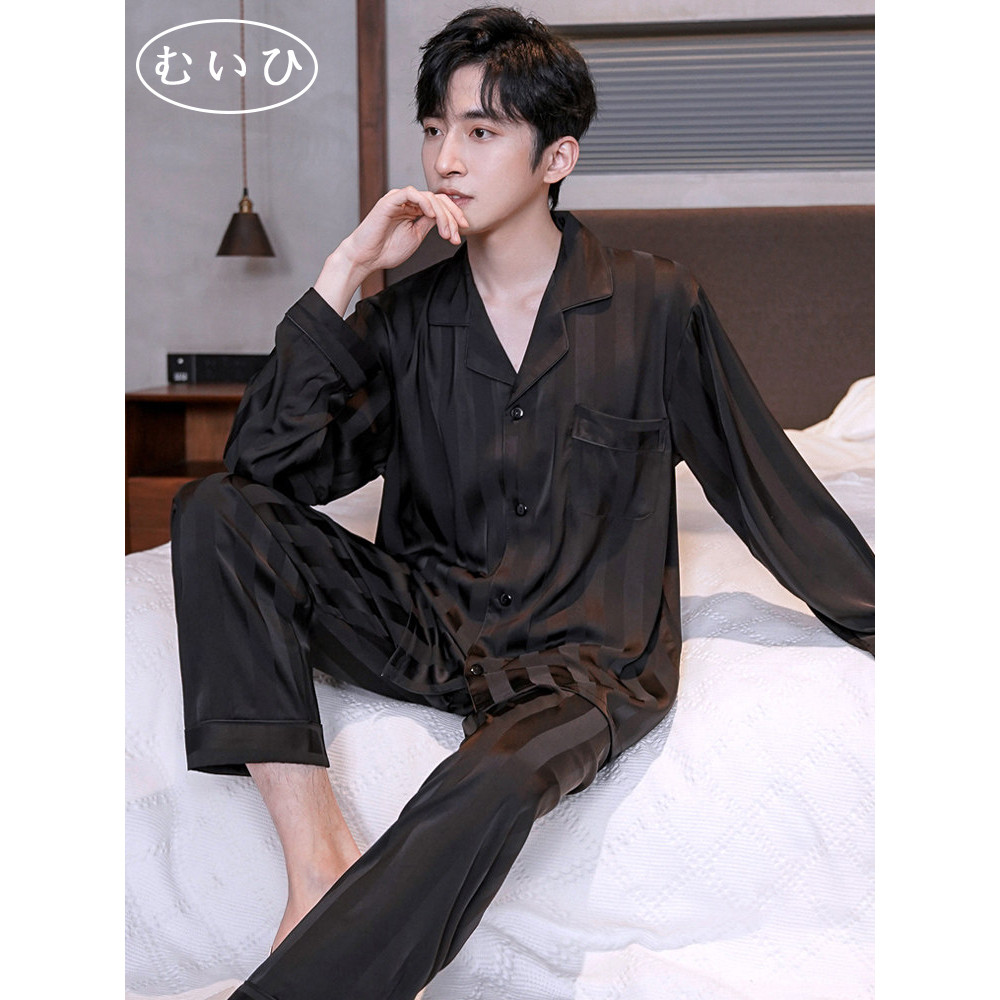 【日本むいひ轻奢】薄款冰丝睡衣男春秋款夏季家居服长袖四季大码