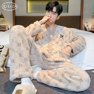 加厚绒秋冬大码 珊瑚绒睡衣男冬季 家居服套装 日本むいひ轻奢