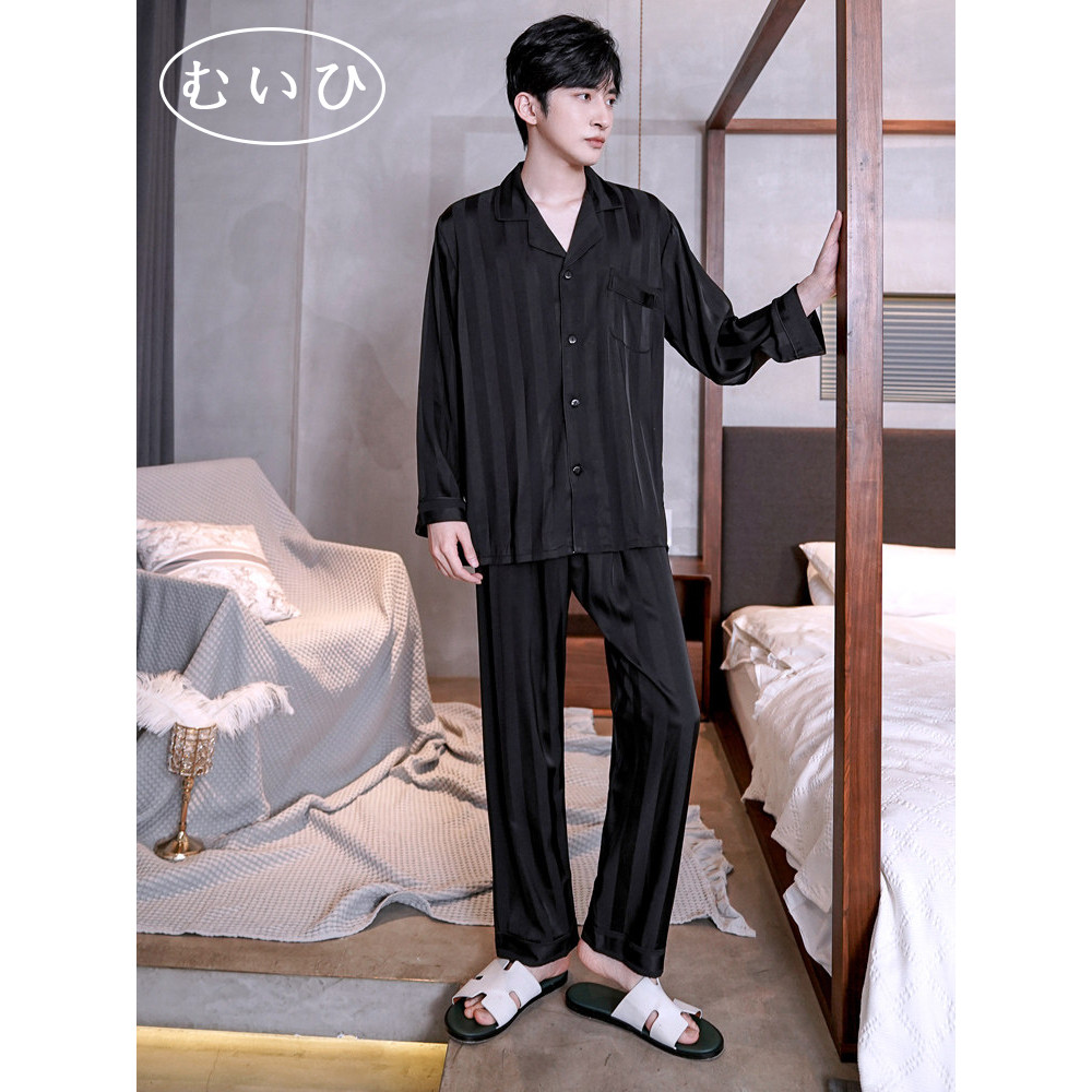 【日本むいひ轻奢】春秋款薄款冰丝睡衣男夏季家居服长袖条纹大码