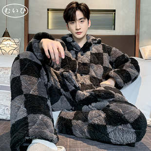 加厚加绒夹棉三层家居服套装 珊瑚绒睡衣男冬季 日本むいひ轻奢