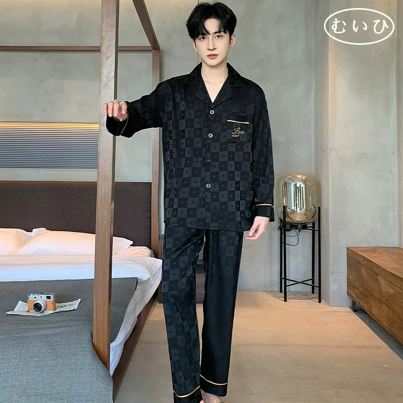 【日本むいひ轻奢】夏季春秋薄款加大码长袖套装家居服冰丝睡衣男