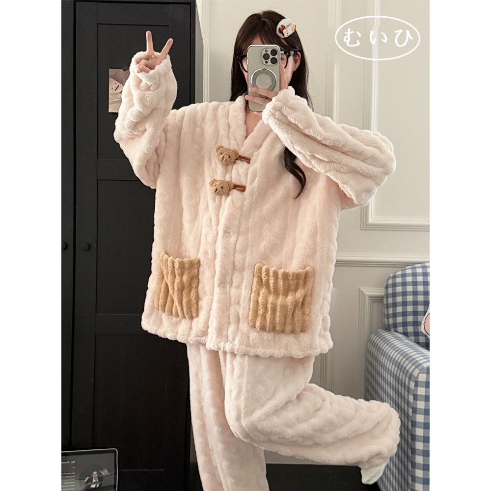 【日本むいひ轻奢】珊瑚绒睡衣女冬加大码法兰绒公主风家居服套装