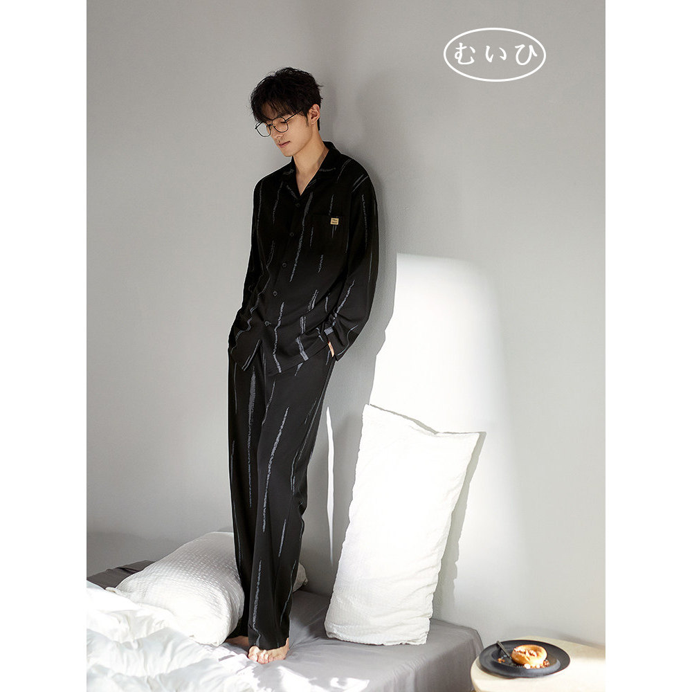 【日本むいひ轻奢】睡衣男春秋款纯棉长袖家居服薄黑色加大码套装
