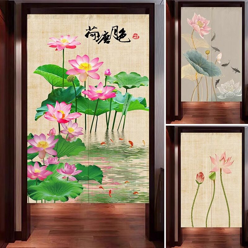 中式荷花布艺门帘客厅卧室装饰隔门帘
