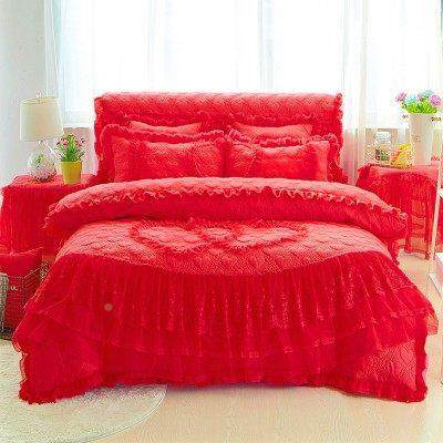 婚2018庆大红公主风床单件套加厚夹棉床四色裙蕾丝花边罩被套4件,床上用品,婚庆床品套件,淘宝优惠券,粉丝福利购,淘宝优惠卷