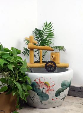 竹子氧流水器鱼石槽鱼盆增过滤客厅摆件风水缸轮水车循LFS环流水