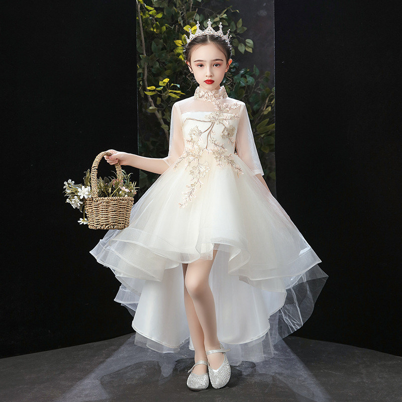 儿童礼服公主裙前短后长花童婚纱连衣裙主持人端庄大气钢琴演出服
