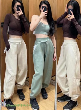 From推荐~加绒双层腰束脚高腰卫裤plush flec运动长裤女冬季保暖