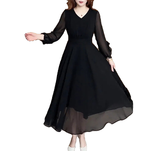 2026早春新款时尚长袖连衣裙女收腰显瘦v领黑色高级感休闲A字裙子