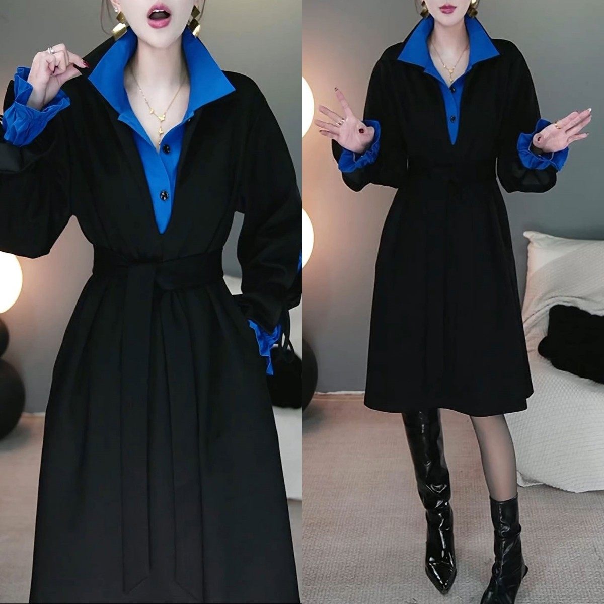 2026春季新款设计感假两件拼色系带连衣裙宽松显瘦中长款衬衫裙子