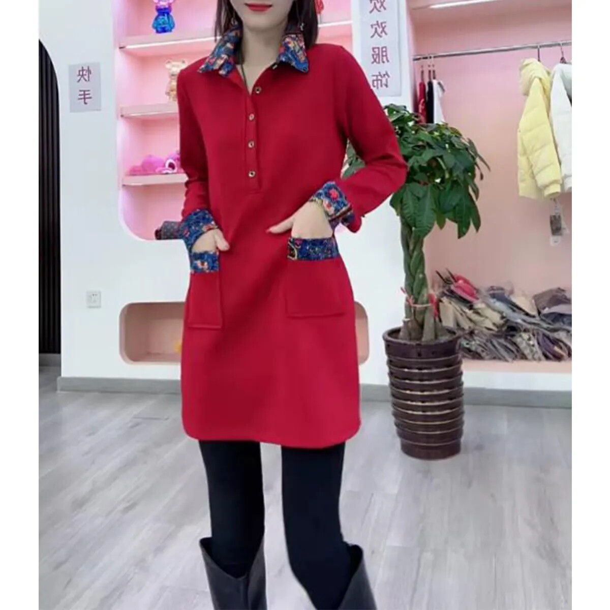 大码收腰显瘦假两件连衣裙2026早春新款中长款百搭衬衫A字裙子女