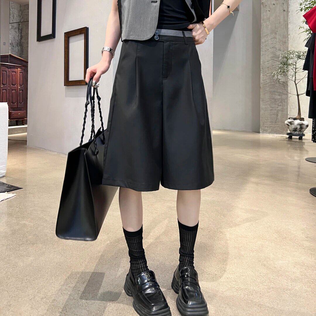 韩版百搭高腰西装阔腿中裤图片