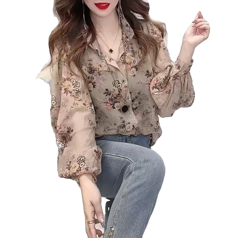 2025早春大码洋气碎花长袖衬衫女新款宽松显瘦设计感灯笼袖衬衣衫