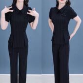 上衣微喇叭裤 女条纹短袖 子两件套 气质显瘦国风盘扣套装 2026夏新款