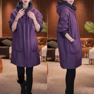 时尚加厚保暖双面双穿连帽棉服2025冬季气质复古中长款棉服外套女