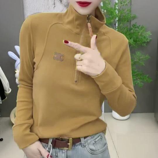 加绒加厚保暖百搭打底T恤上衣女秋冬新款大码显瘦立领半拉链小衫