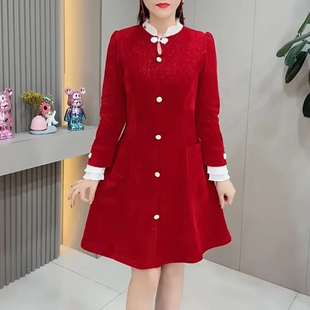 中式 收腰显瘦中长款 盘扣红色亮丝大码 新款 连衣裙 裙子2025春季 时尚