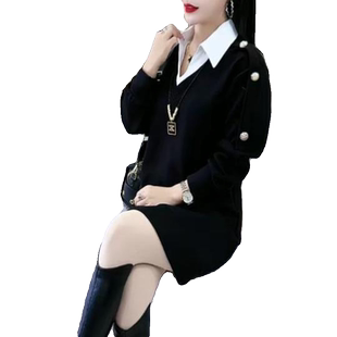 秋冬大码气质宽松显瘦连衣裙新款拼接衬衫领中长款假两件卫衣裙子