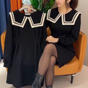 大码法式长袖连衣裙女秋冬新款洋气宽松显瘦海军领中长款打底裙子