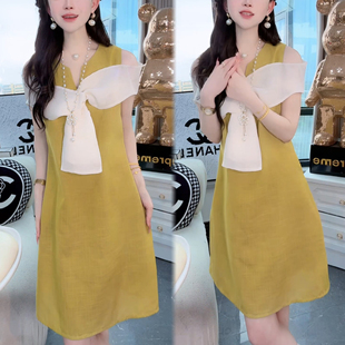 气质休闲中长款 2025夏季 连衣裙女时尚 新款 显瘦裙子 设计感露肩短袖