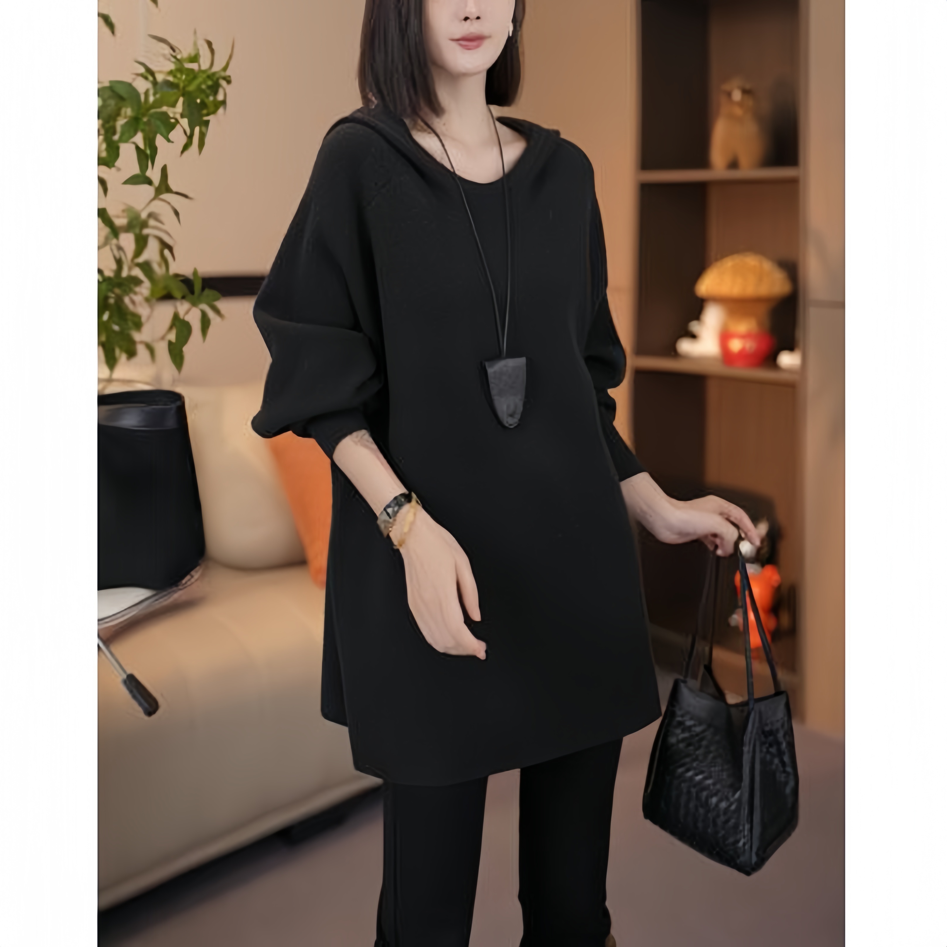 2025秋冬新款中长款气质长袖卫衣女时尚洋气显瘦遮肉针织帽衫上衣