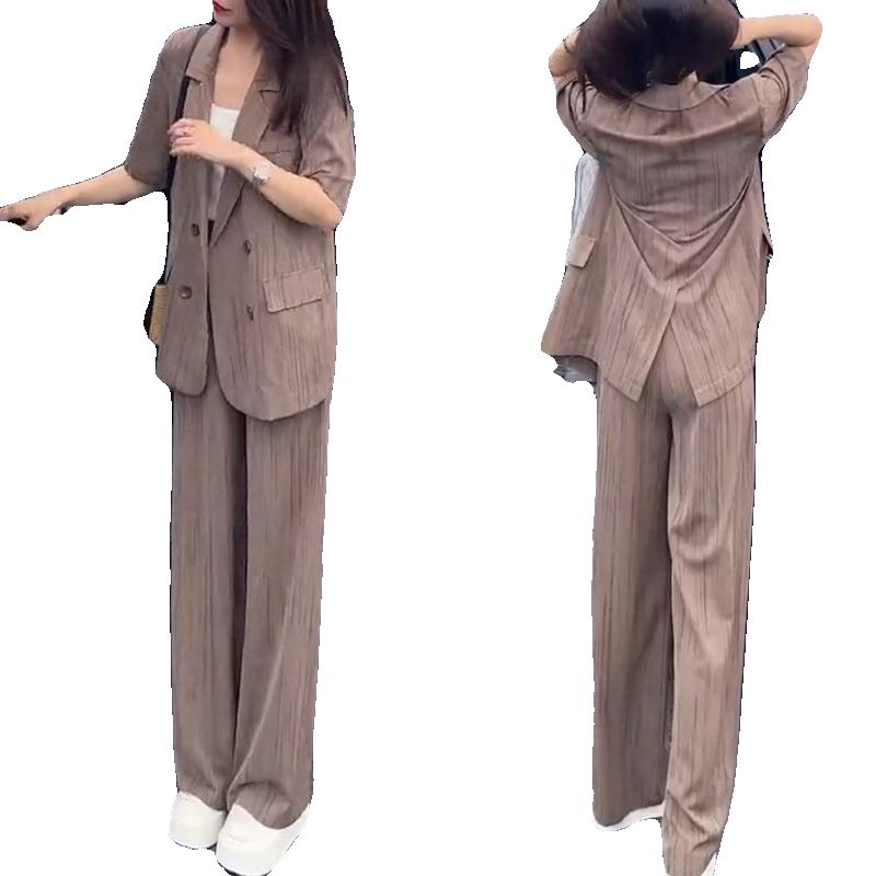 宽松显瘦薄款印花西装阔腿裤子两件套2025夏新款小个子气质套装女