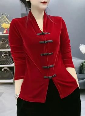 2026春季新款中式大码丝绒衬衫女气质显瘦国风盘扣百搭上衣小衫潮