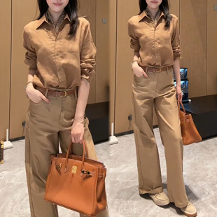 老钱风宽松休闲衬衫高腰显瘦直筒裤女早秋设计感时尚洋气两件套装