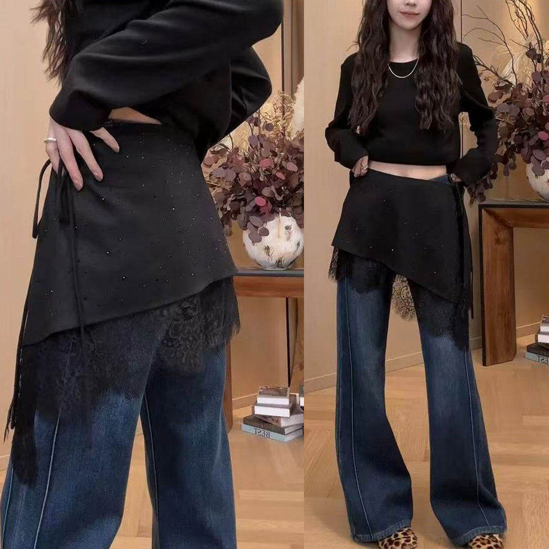 设计感烫钻蕾丝拼接绑带屁帘潮2026春季新款新款休闲百搭显瘦短裙