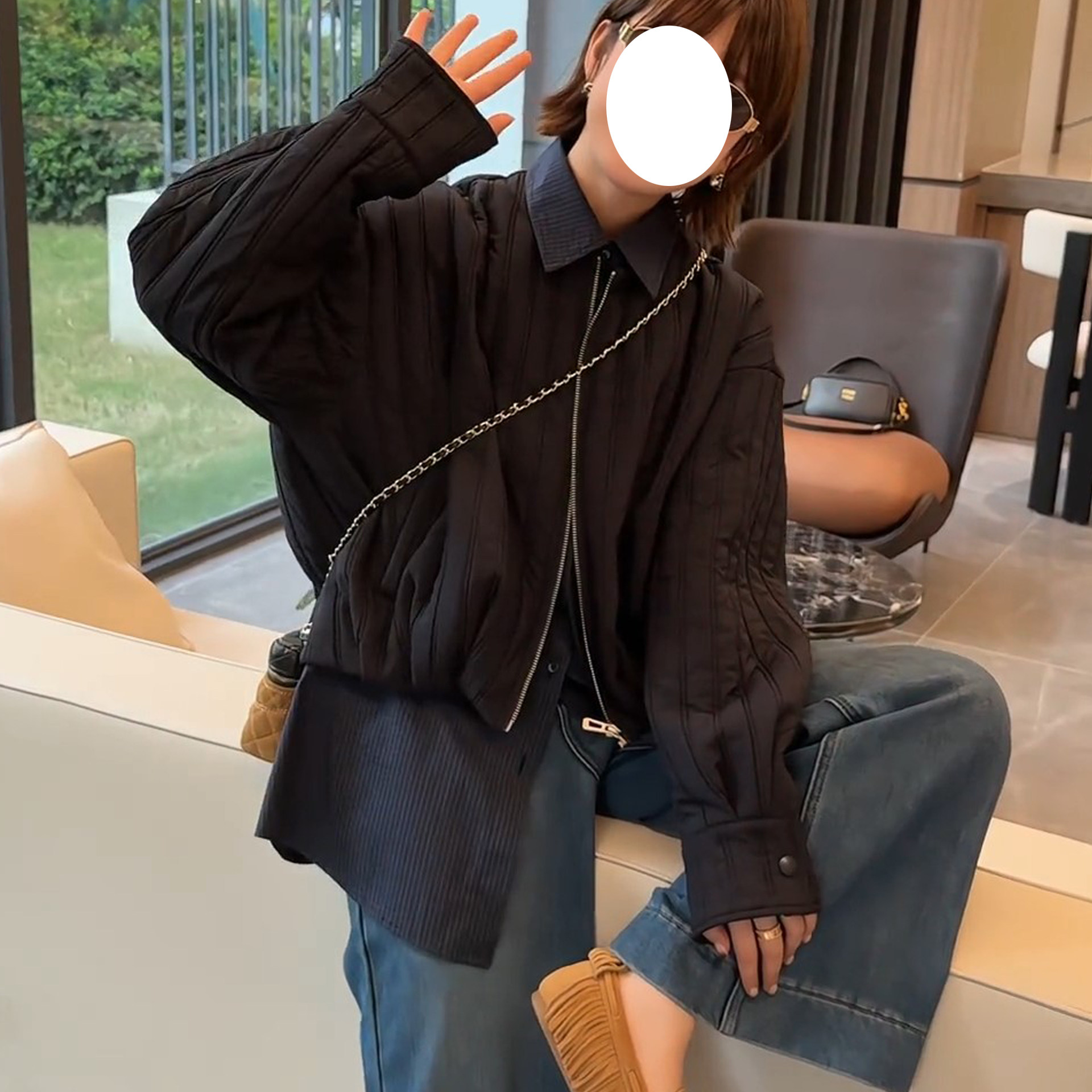 时尚气质宽松显瘦开衫棉服潮秋冬季新款假两件设计感中长款外套女