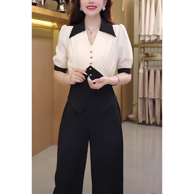 时尚短袖衬衫上衣阔腿裤套装女2025夏新款气质显瘦职业裤子两件套
