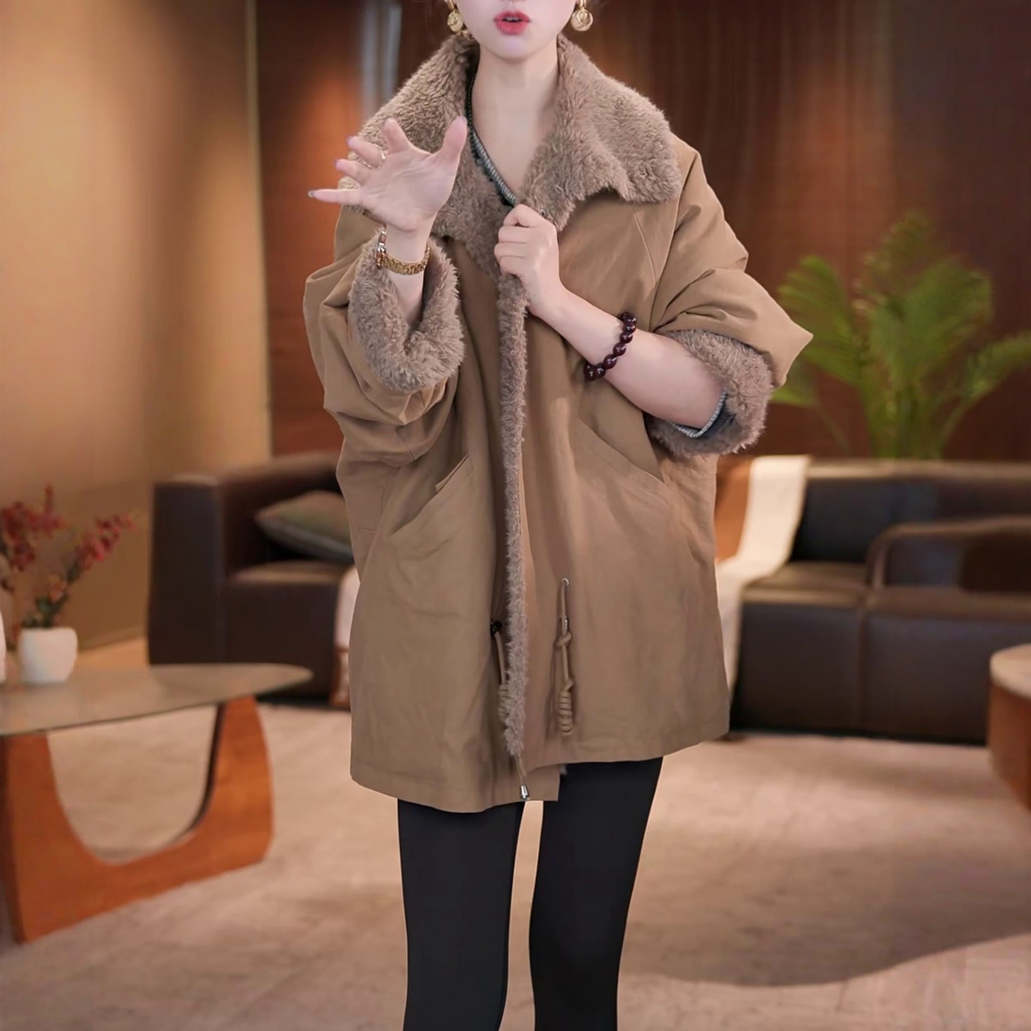 时尚复古加厚保暖双面穿上衣冬季新款气质宽松显瘦慵懒立领外套女