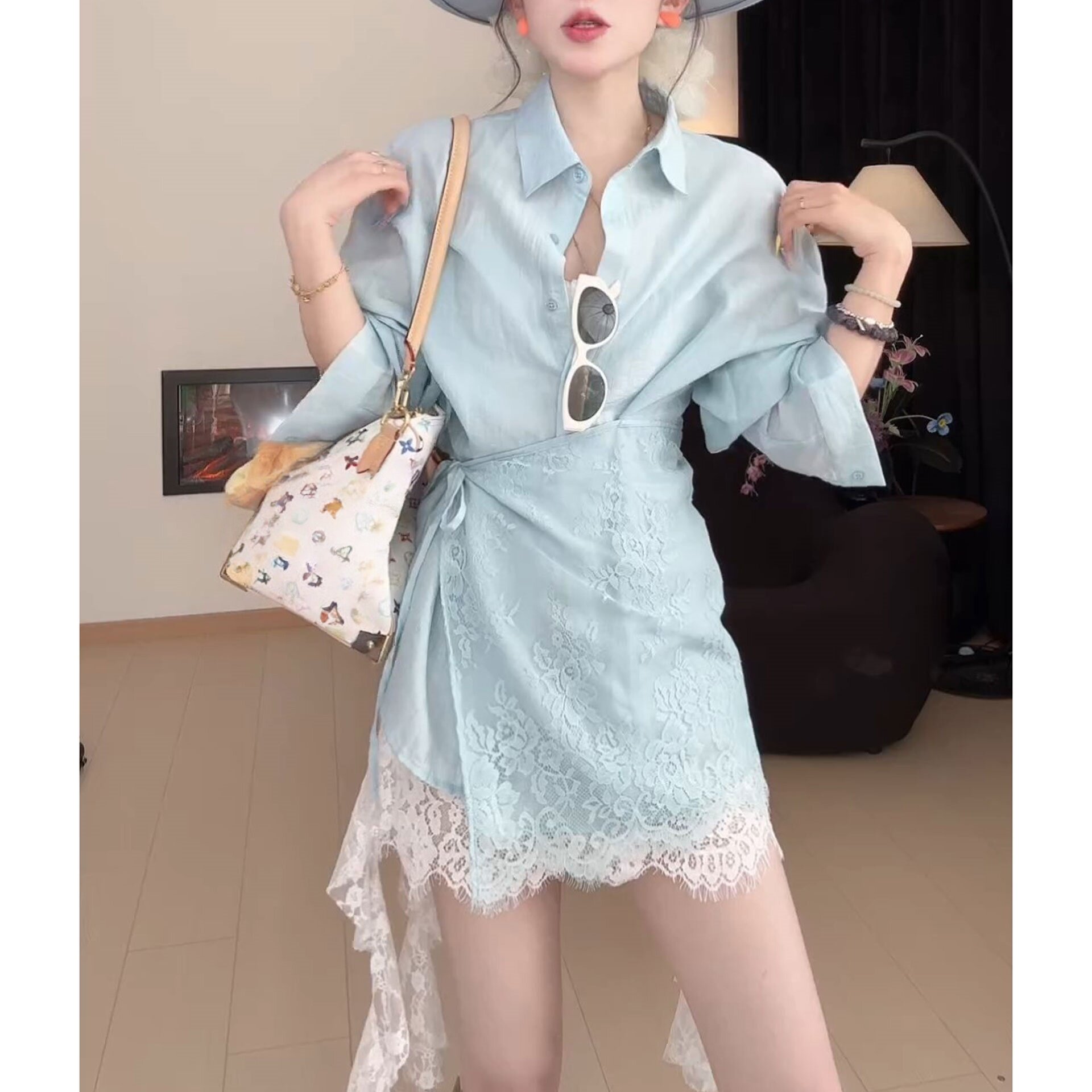 法式拼接蕾丝屁帘绑带设计感衬衫图片