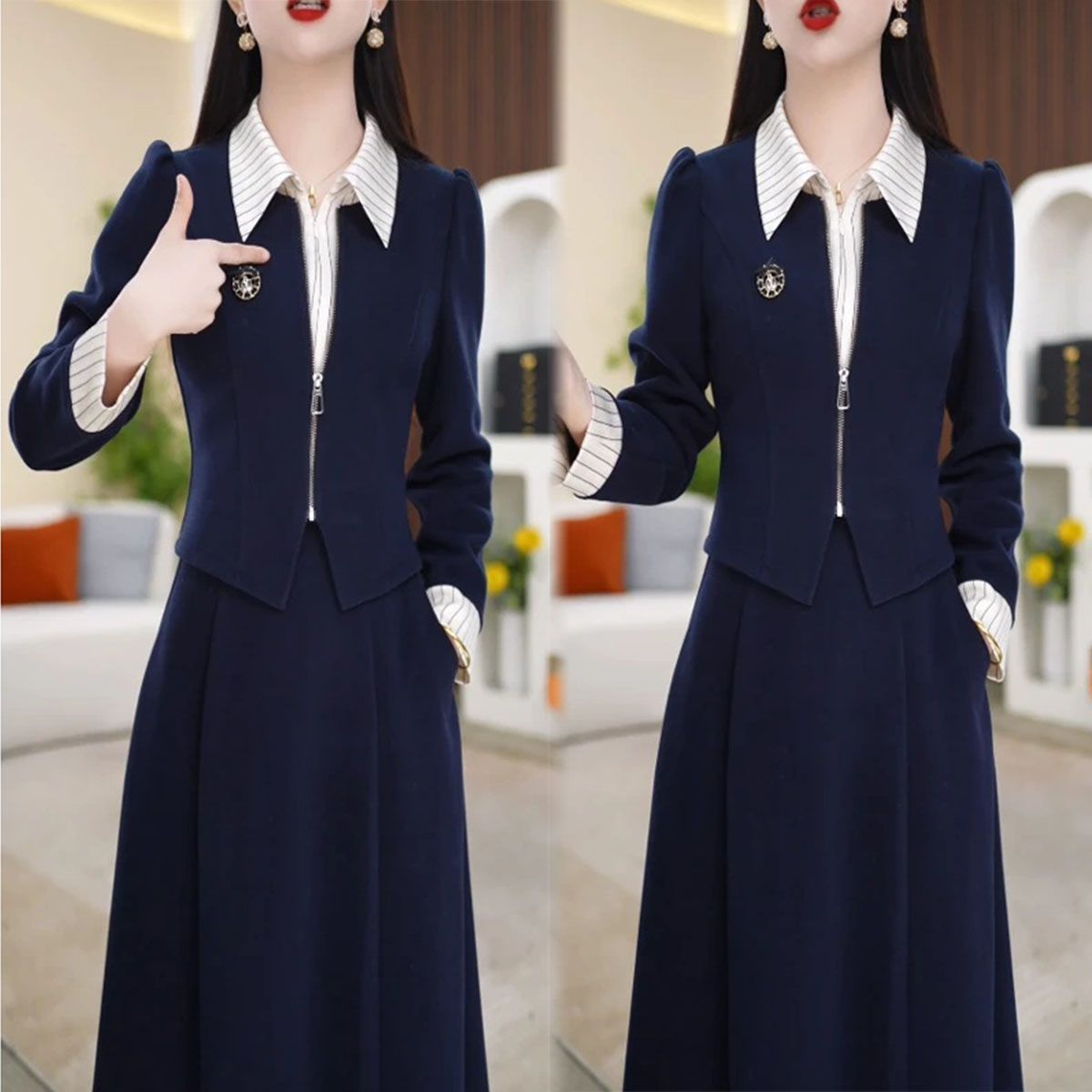 显瘦设计感翻领假两件休闲裙子