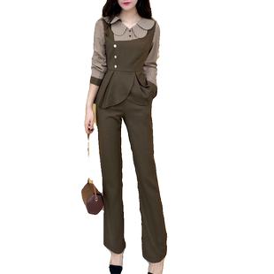 2026春季新款时尚气质复古显瘦减龄条纹拼接上衣直筒裤子两件套装