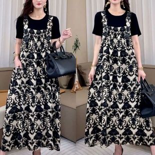 2025夏新款 气质百搭裙子女显瘦假两件撞色拼接印花休闲连衣裙 时尚